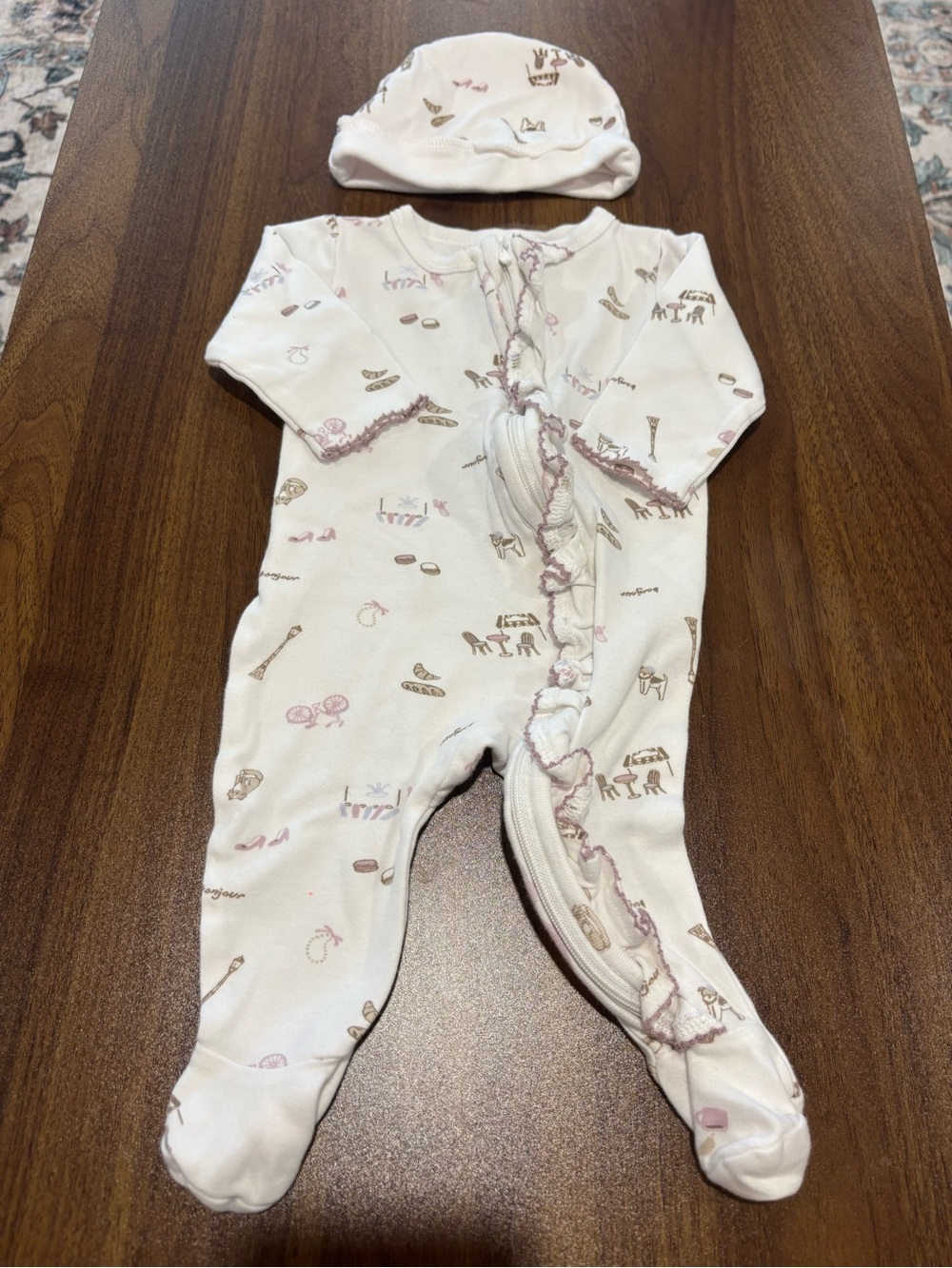 Baby Girls' White Footed One-Piece with Pink Trim and Hat